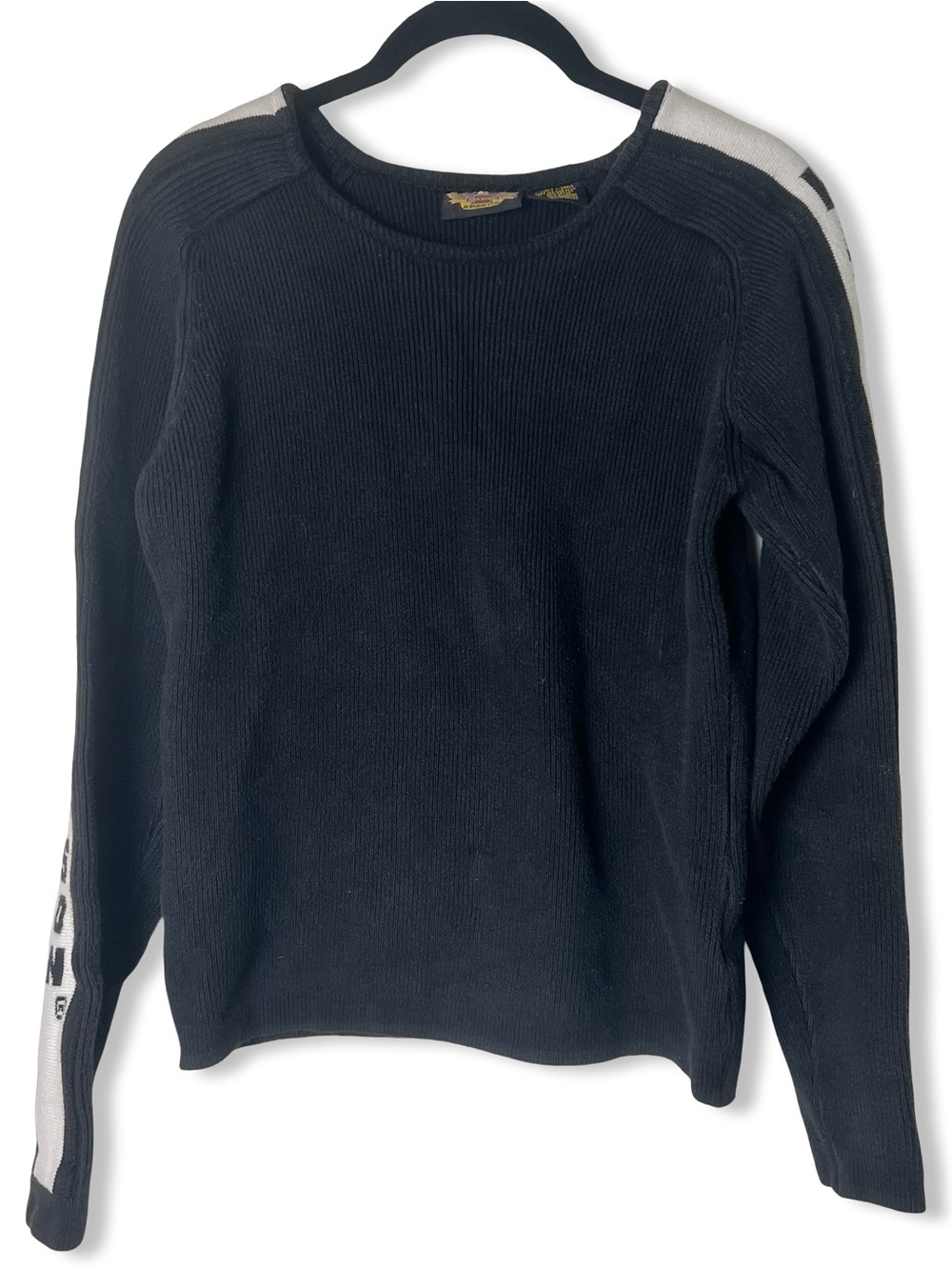 Vintage Harley Davidson Womens Black Ribbed Sweater Grey Sleeve Stripe Sz XSmall
